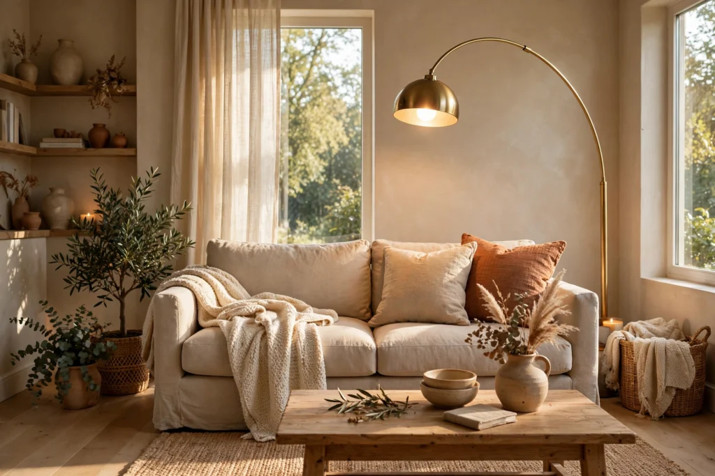 Cozy living room with a brass arc floor lamp glowing over a beige sofa