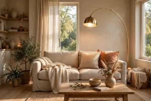 Cozy living room with a brass arc floor lamp glowing over a beige sofa