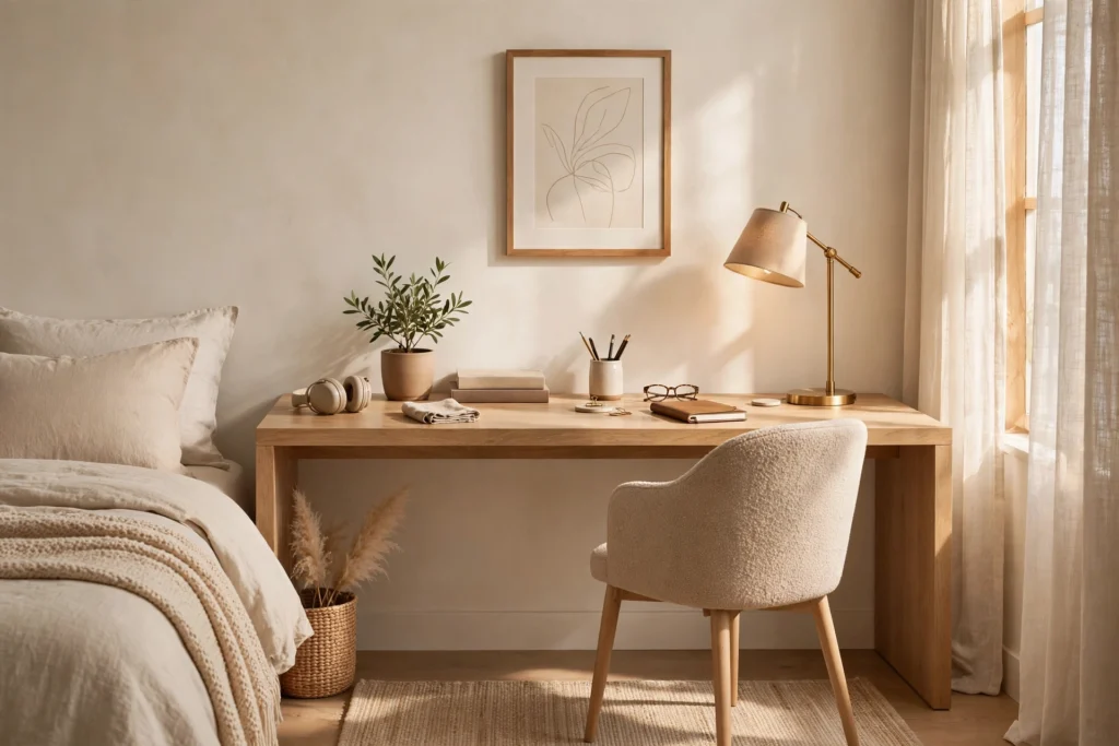 A well-placed bedroom desk against a long wall with chair, lamp, and tidy accessories