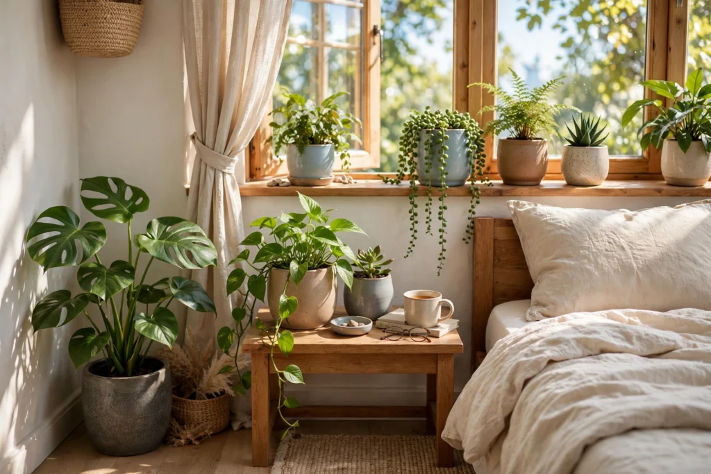 Sunlit bedroom with lush green houseplants in ceramic pots on nightstand, windowsill, and floor corner