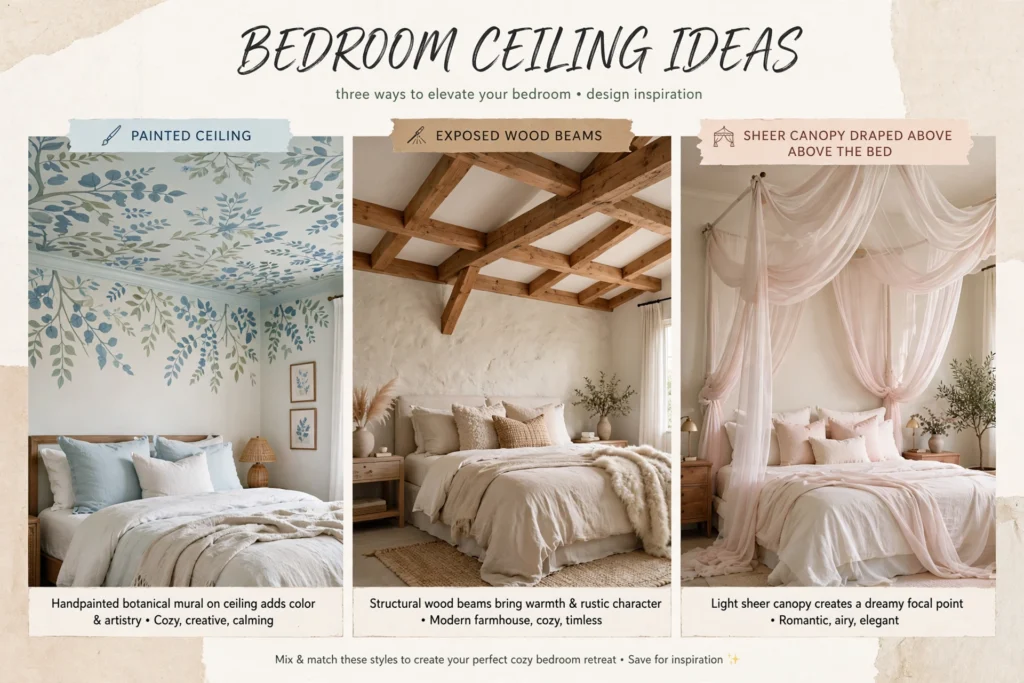 Bedroom ceiling ideas collage showing a painted ceiling, exposed wood beams, and a sheer canopy draped above the bed