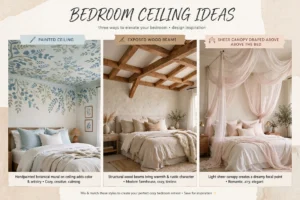Bedroom ceiling ideas collage showing a painted ceiling, exposed wood beams, and a sheer canopy draped above the bed