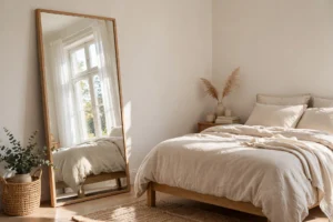 Bright bedroom with a leaning full-length mirror reflecting the window, soft neutral bedding and morning light