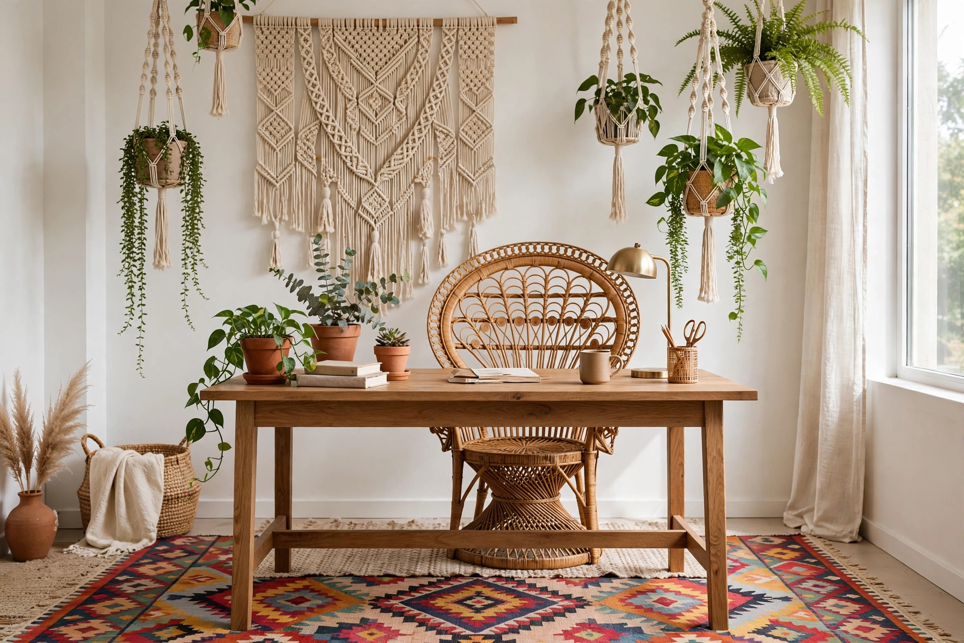 Boho home office with rattan chair, wood desk, hanging plants, kilim rug and macramé wall hanging