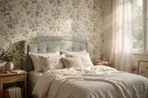 Dreamy bedroom with floral wallpaper behind an upholstered headboard, soft morning light