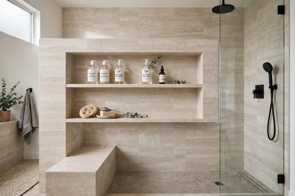 Modern walk-in shower with a wide tiled niche holding bath products