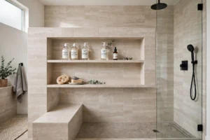 Modern walk-in shower with a wide tiled niche holding bath products