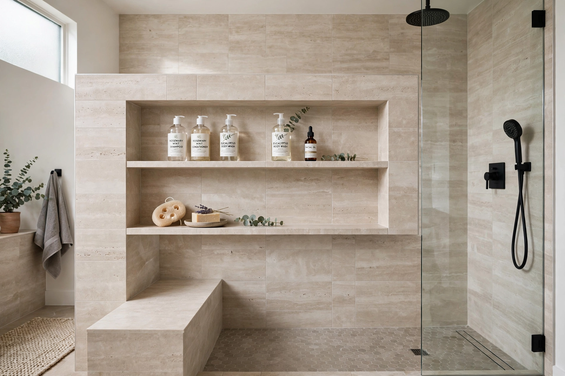 Modern walk-in shower with a wide tiled niche holding bath products