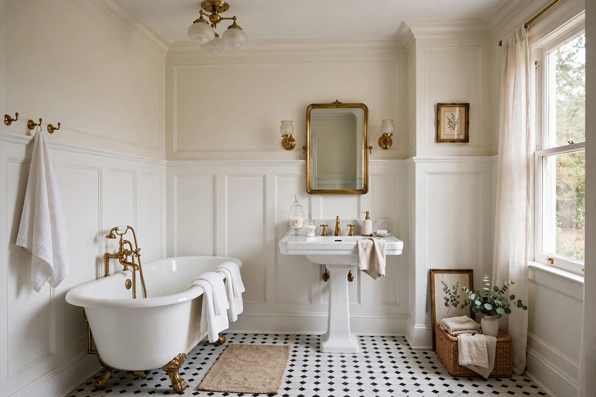 Elegant bathroom with white wainscoting and classic fixtures
