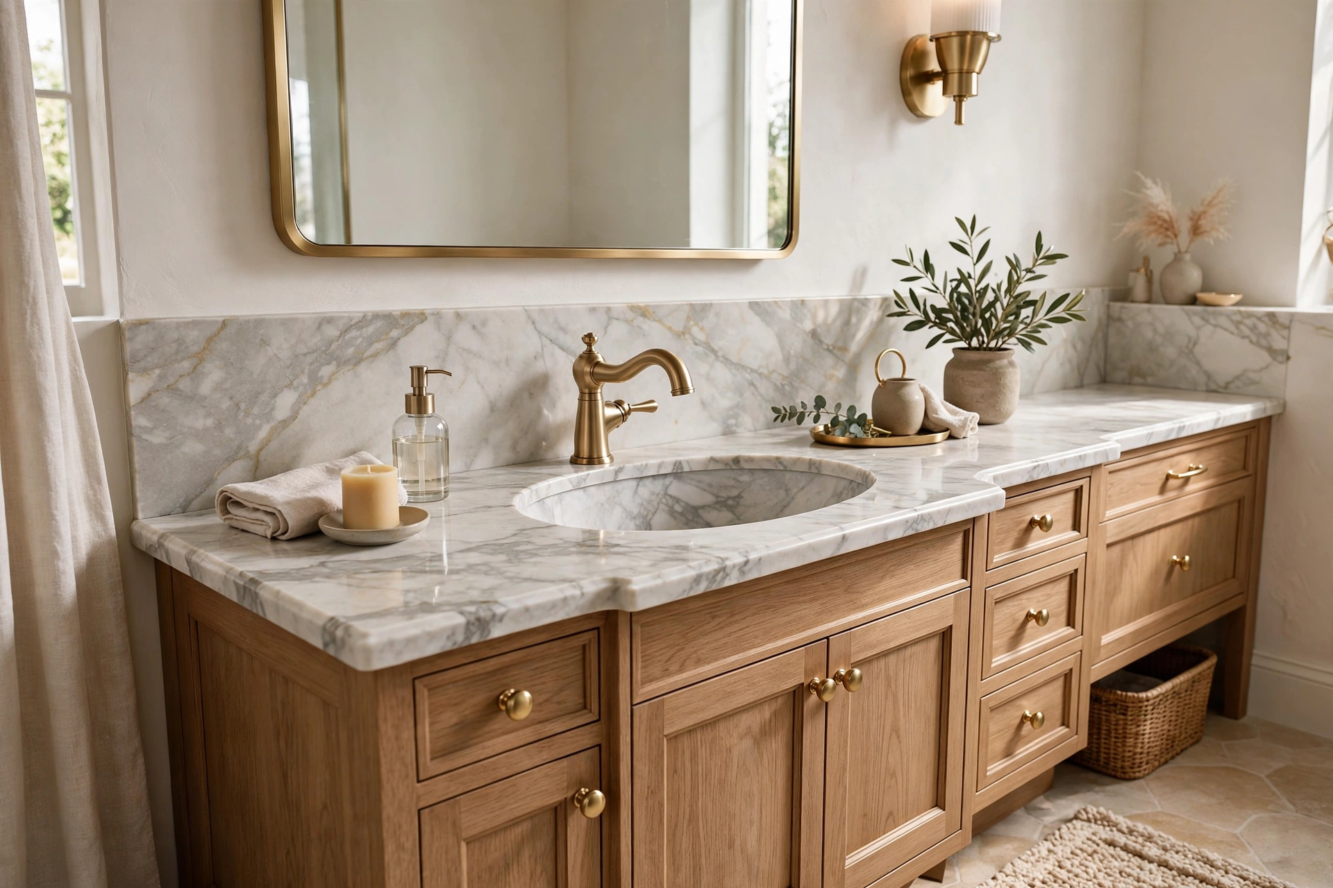 Elegant bathroom vanity with a brushed brass faucet and marble sink