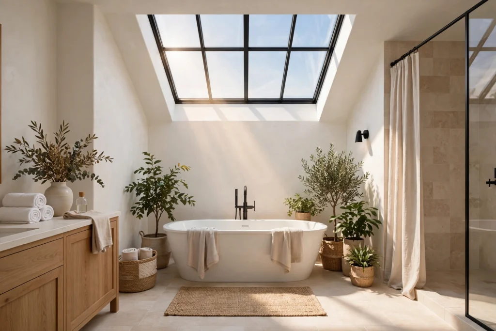 Bright bathroom with a large skylight glowing over a freestanding tub