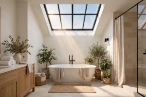 Bright bathroom with a large skylight glowing over a freestanding tub