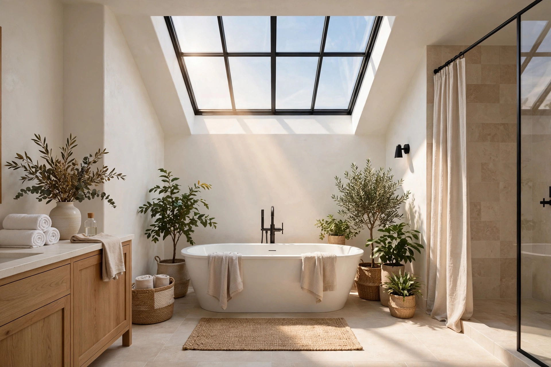 Bright bathroom with a large skylight glowing over a freestanding tub