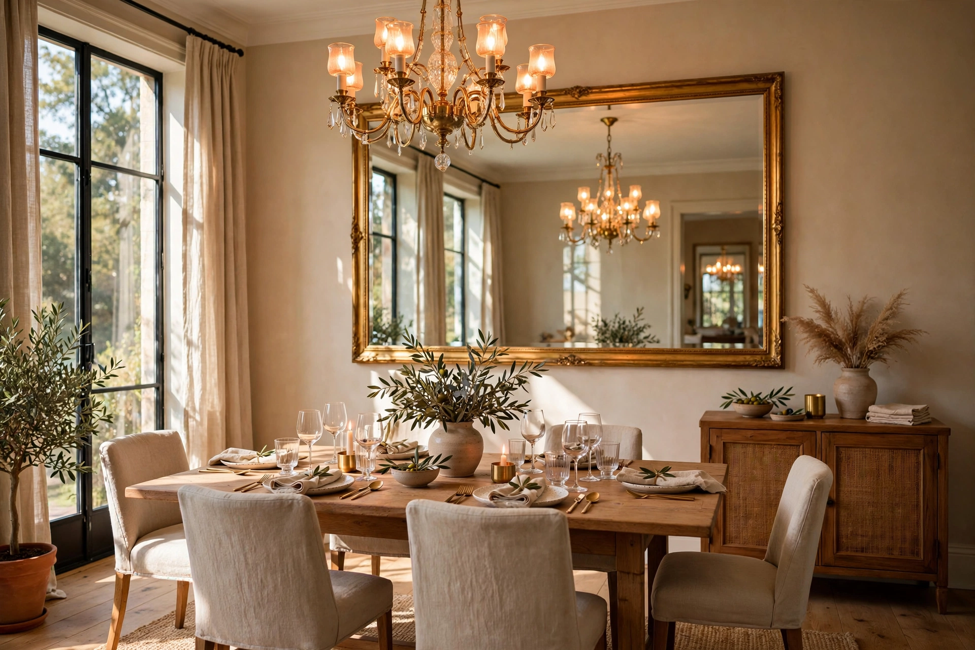Elegant dining room with a large framed mirror reflecting warm chandelier light