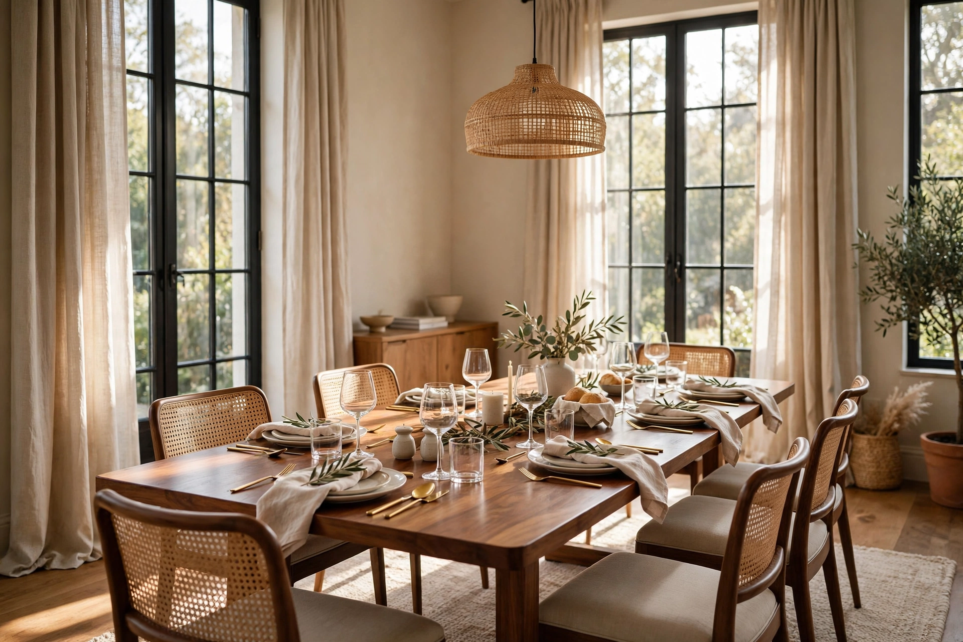 Elegant dining room with floor-length linen curtains framing tall windows