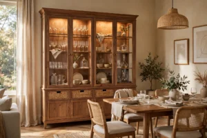 Beautiful dining room china cabinet with styled glassware and warm interior lighting