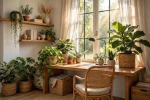 Bright home office workspace freshened with lush green houseplants