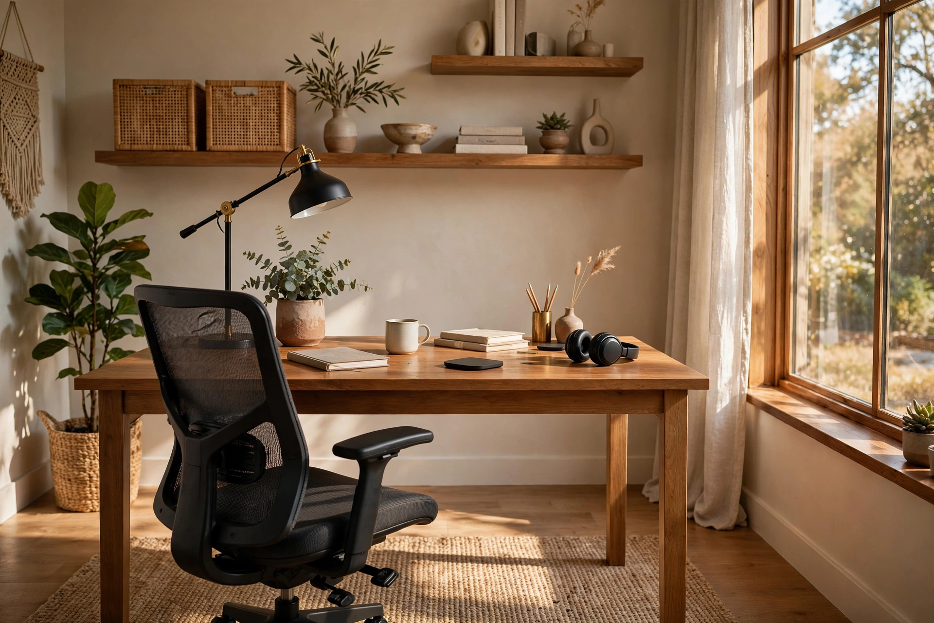 Stylish home office with an ergonomic desk chair at a wooden desk