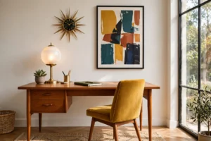 Mid-century modern home office with teak writing desk, mustard velvet chair, starburst clock and globe lamp