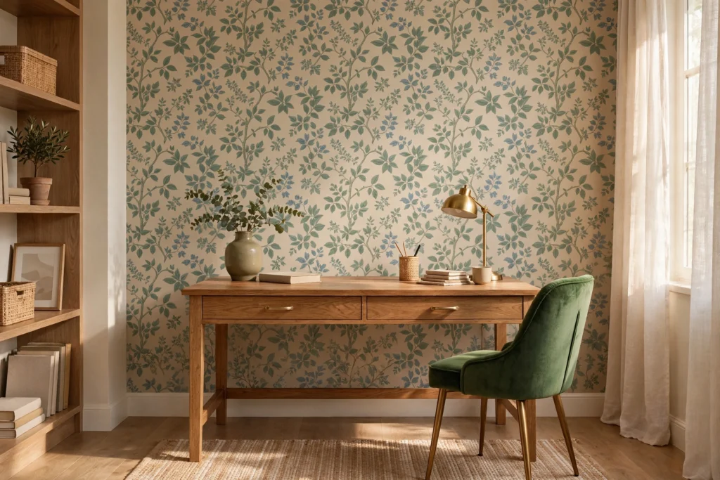 Home office with a patterned wallpaper feature wall behind a wooden desk and green chair