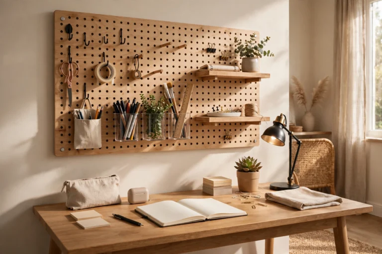 Featured image showing a home office pegboard ideas setup with hooks shelves and storage cups organized above a desk