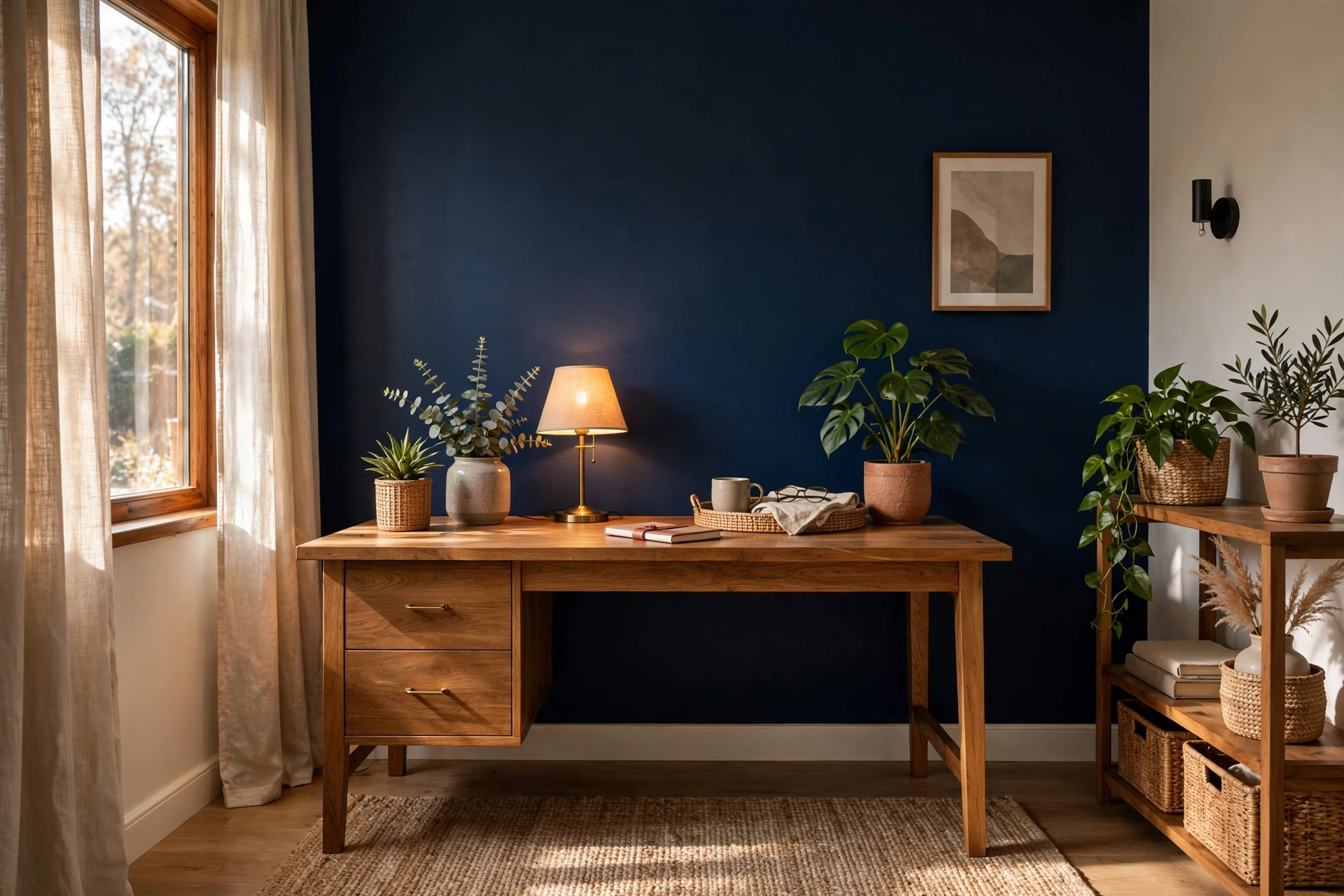 Home office with a deep navy accent wall behind a wooden desk, plants, and warm lighting