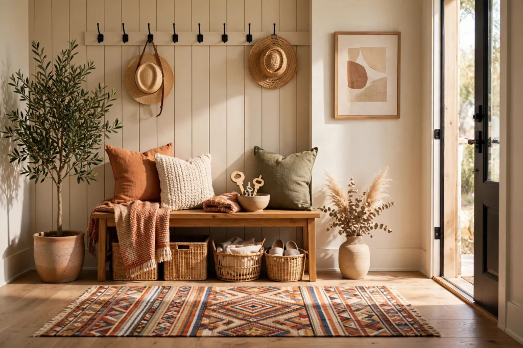 Welcoming entryway with a patterned rug bench and warm decor