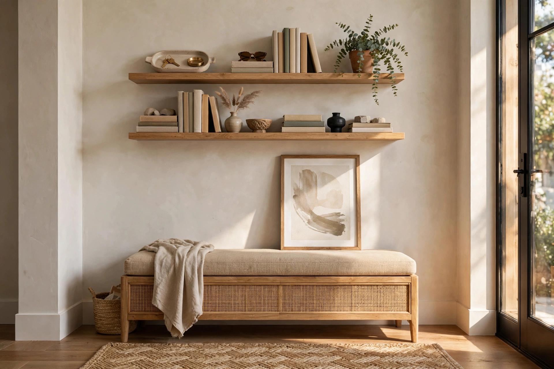 Styled entryway wall shelves with a catch-all tray, books, plant, and leaning art above a foyer bench
