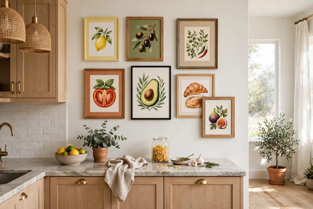 Bright kitchen with a styled gallery wall of food art above the counter