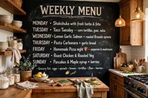 Cozy kitchen with a large chalkboard accent wall showing a weekly menu