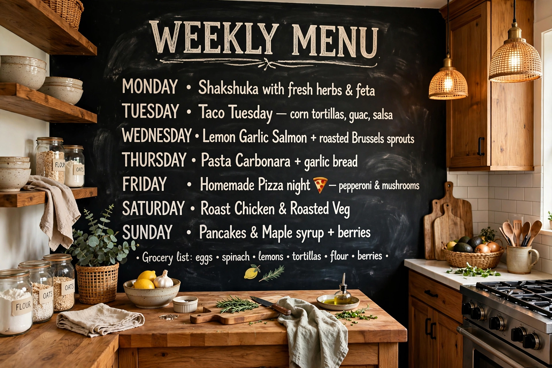Cozy kitchen with a large chalkboard accent wall showing a weekly menu