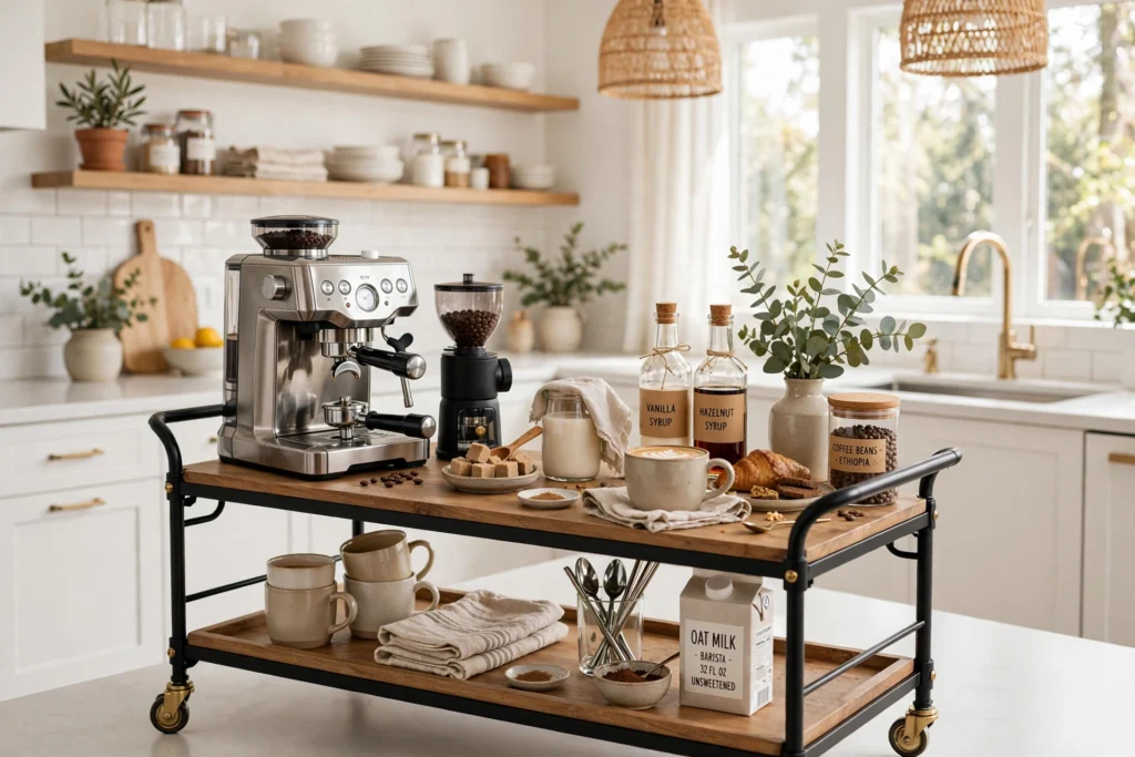 Styled kitchen cart with coffee bar setup in a bright modern kitchen
