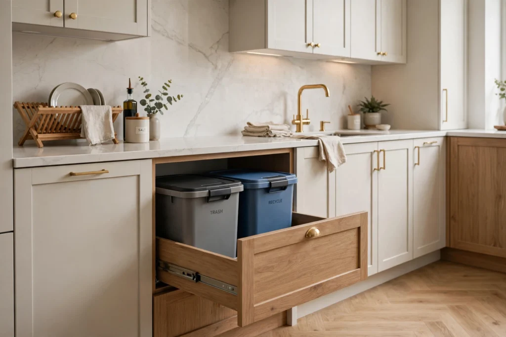 Modern kitchen with trash bins hidden inside a pull out cabinet