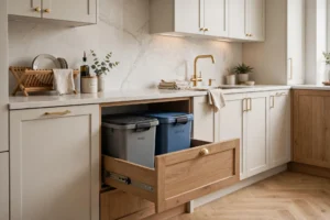 Modern kitchen with trash bins hidden inside a pull out cabinet
