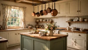 Cozy English cottage kitchen with cream cabinets, sage island, beadboard and floral curtains