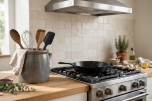 Styled kitchen counter with a stoneware crock of utensils by the stove