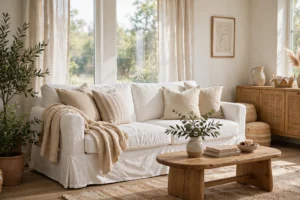 Bright living room with a white slipcovered sofa and soft natural light