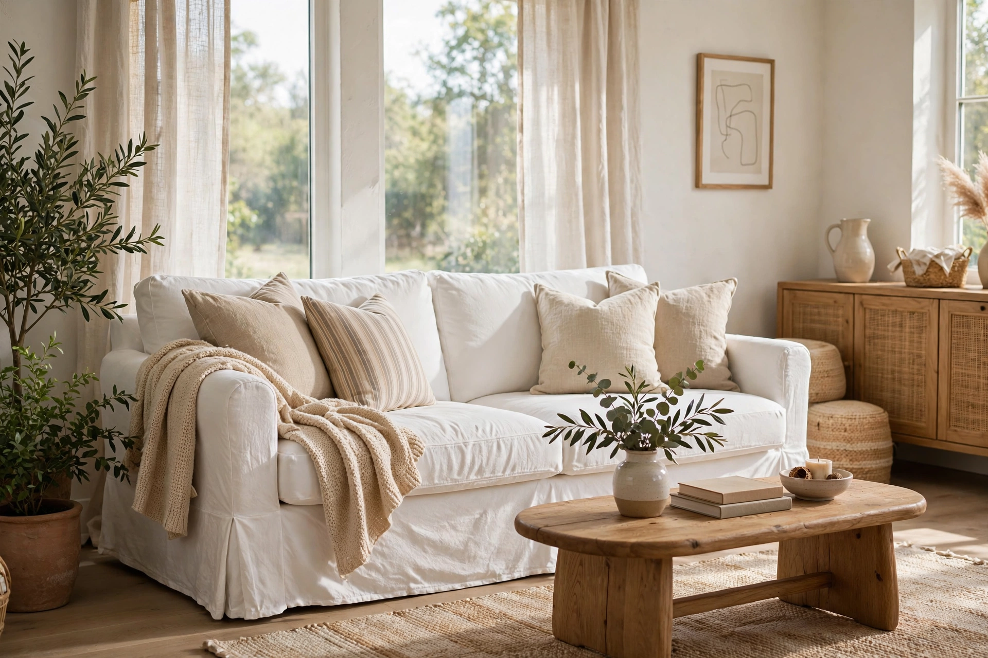 Bright living room with a white slipcovered sofa and soft natural light