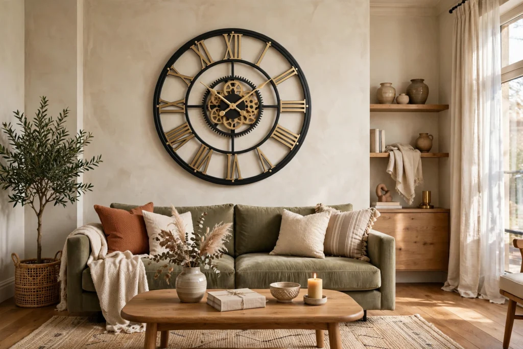 Elegant living room with a large statement wall clock above the sofa