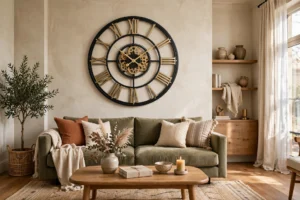 Elegant living room with a large statement wall clock above the sofa