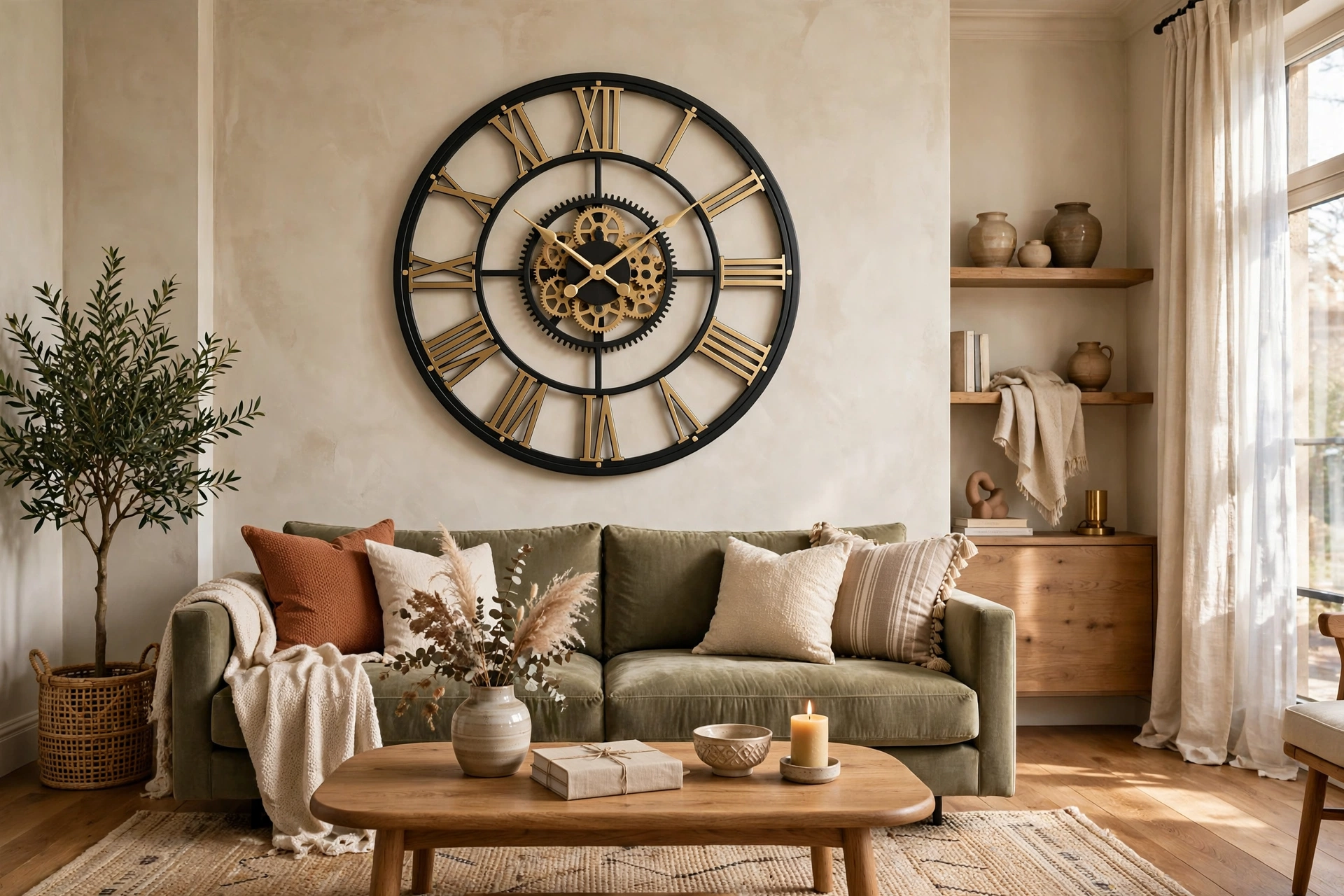 Elegant living room with a large statement wall clock above the sofa