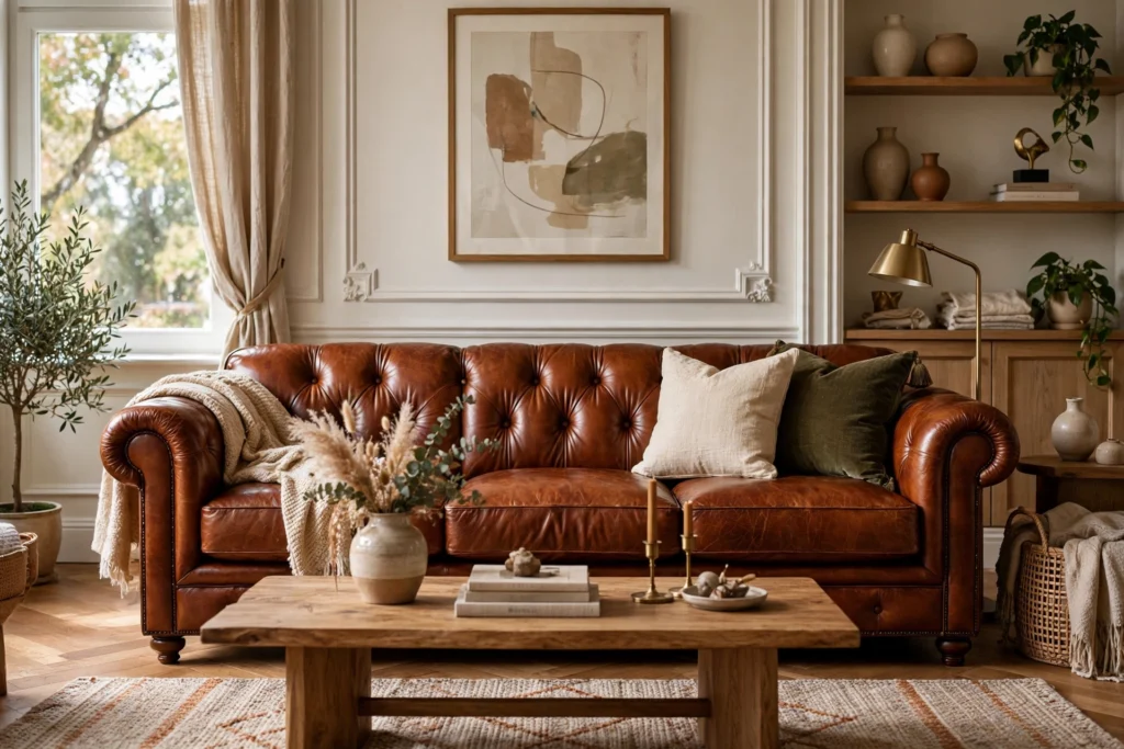 Rich cognac leather sofa as the centerpiece of an elegant living room