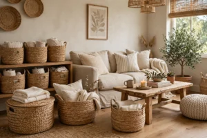Cozy living room styled with woven seagrass storage baskets