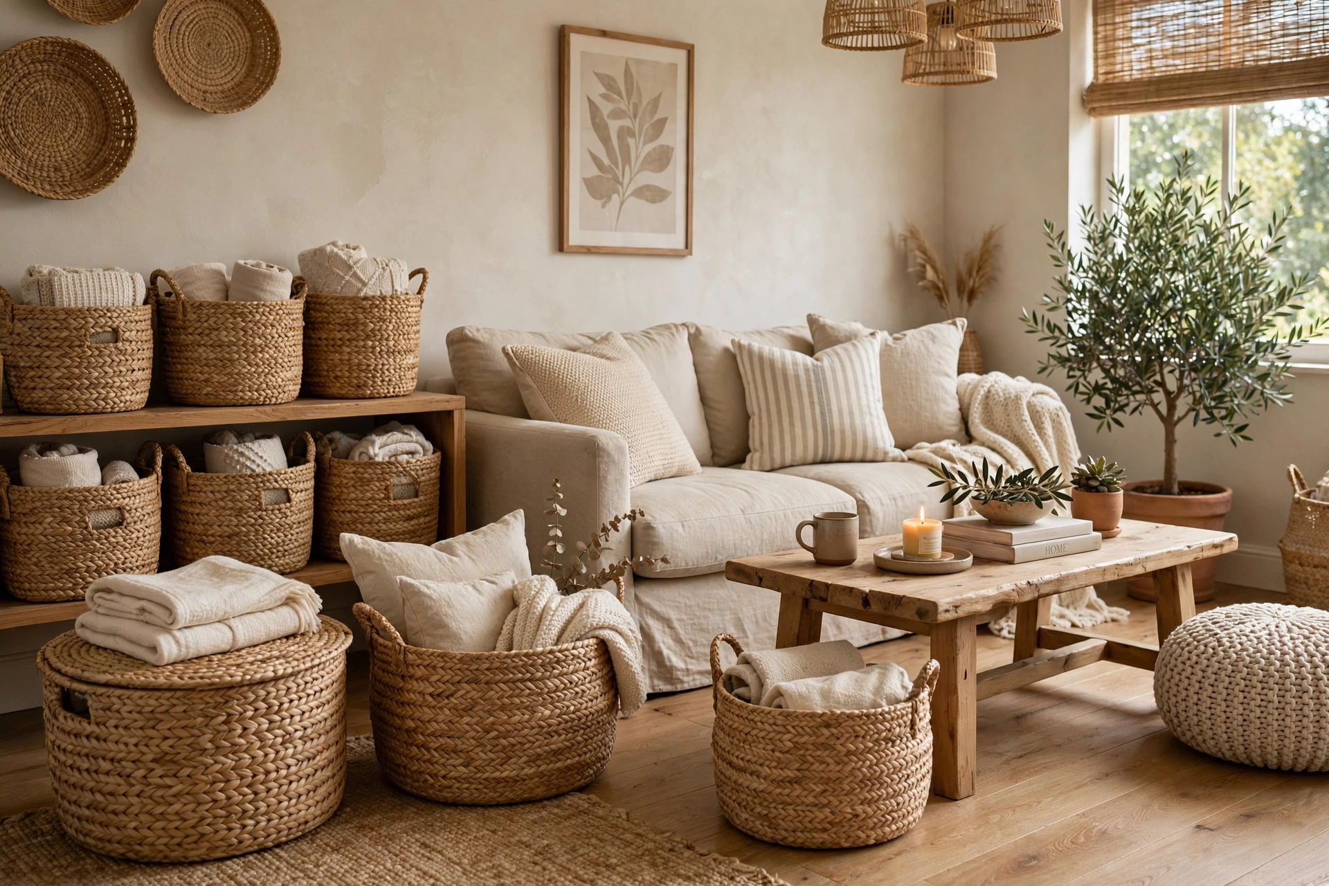 Cozy living room styled with woven seagrass storage baskets