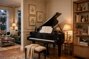 Elegant living room music corner with a grand piano and warm lighting