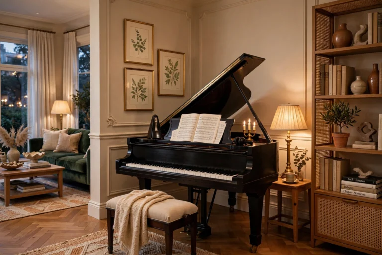 Elegant living room music corner with a grand piano and warm lighting