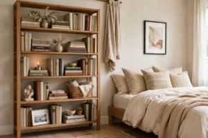 Styled bedroom bookcase with books and decor beside a cozy bed