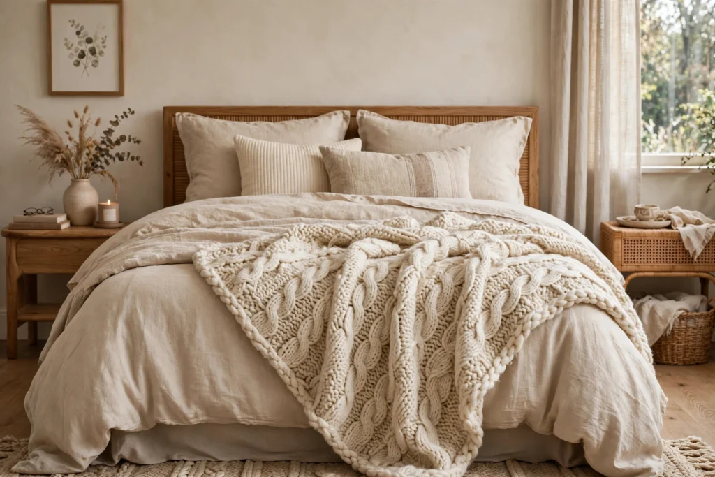 Cozy bedroom with a chunky knit throw blanket draped over layered bedding