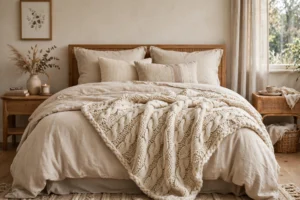 Cozy bedroom with a chunky knit throw blanket draped over layered bedding