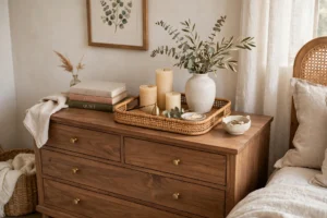 Styled bedroom dresser with a decorative tray holding candles and vase